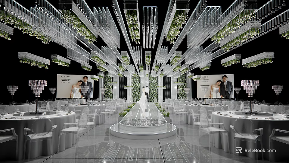 Elegant Wedding Banquet Hall Interior With Chandeliers Green Plants White Tables And Mirrored Floor 3d model 