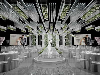 Elegant Wedding Banquet Hall Interior With Chandeliers Green Plants White Tables And Mirrored Floor 3d model