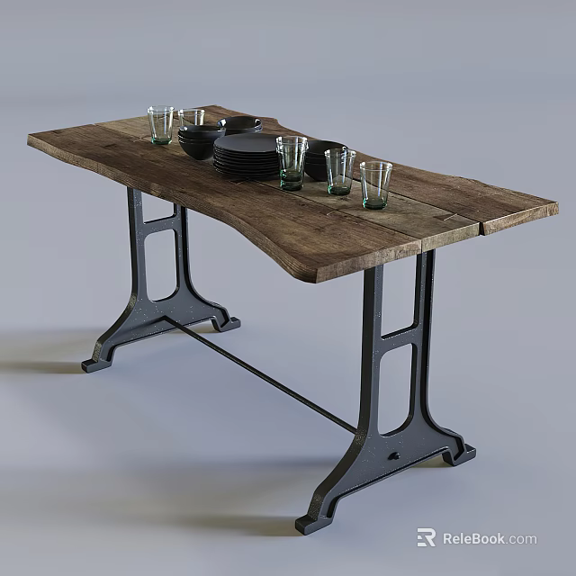 Rustic Wooden Dining Table With Natural Wood Grain And Black Metal Legs 3d model 