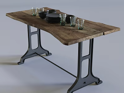 Rustic Wooden Dining Table With Natural Wood Grain And Black Metal Legs 3d model