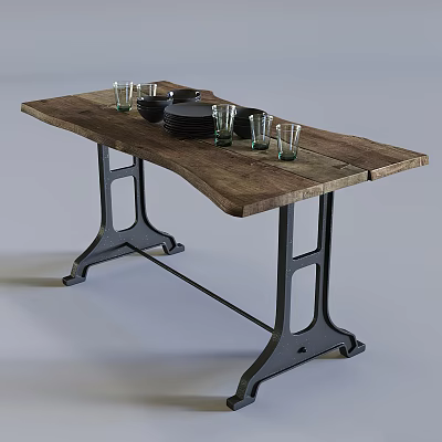 Rustic Wooden Dining Table With Natural Wood Grain And Black Metal Legs 3d model