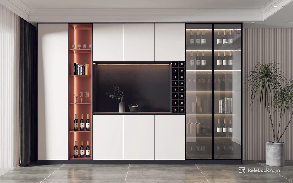 Modern Wine Cabinet With Glass Doors White Orange Cabinetry And Wine Bottles 3d model 