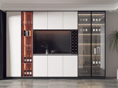 Modern Wine Cabinet With Glass Doors White Orange Cabinetry And Wine Bottles 3d model