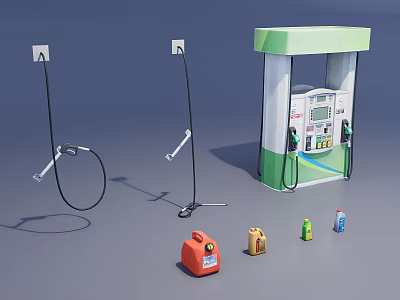 Industrial Equipment Including Station Fuel Dispenser With Fuel Nozzles And Colorful Fuel Cans 3d model