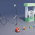 Industrial Equipment Including Station Fuel Dispenser With Fuel Nozzles And Colorful Fuel Cans