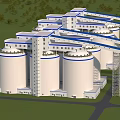 Industrial Plant Exterior View With Large Silos Blue Accents Green Lawn And Metal Structures