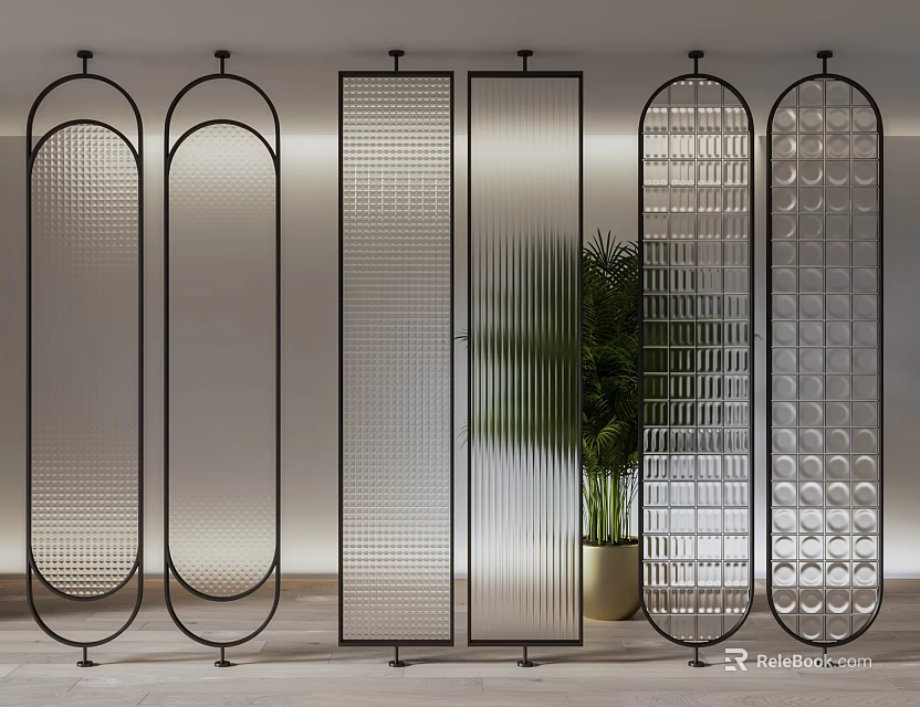Modern Room Dividers With Various Glass Panel Designs And Metal Frames 3d model 