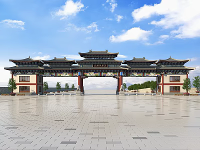 Traditional Chinese Archway Architectural Design with Multi Layered Roofs and Eaves in Plaza Square 3d model