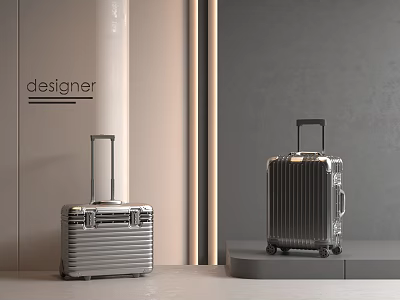 Modern Designer Suitcases With Aluminum Brushed Texture Displayed On Platform And Floor 3d model