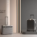 Modern Designer Suitcases With Aluminum Brushed Texture Displayed On Platform And Floor