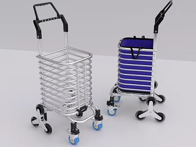 Two Utility Shopping Carts With Metal Mesh Design Blue Fabric Bag Black Handles And Wheels 3d model