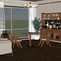 Modern Restaurant Interior With Round Dining Table Wooden Chairs White Blinds Potted Plant And Chandelier