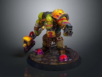 Fierce Green Orc Warrior with Colorful Armor Holding Mechanical Gun and Spiked Axe 3d model