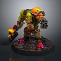 Fierce Green Orc Warrior with Colorful Armor Holding Mechanical Gun and Spiked Axe