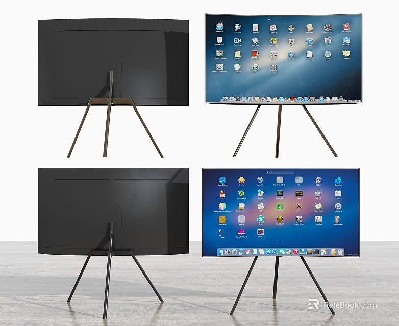 Smart Curved Television With Tripod Stand And App Icons Display Interface 3d model 