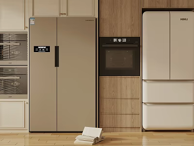 Modern Kitchen Sideboard With Wooden Beige Design And Refrigerator Oven Cabinets 3d model
