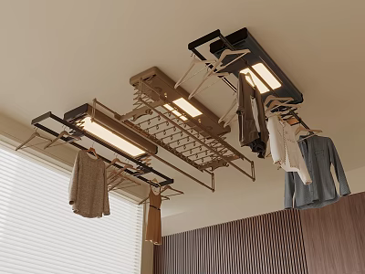 Ceiling Mounted Clothes Drying Rack With LED Lights And Hanging Clothes 3d model