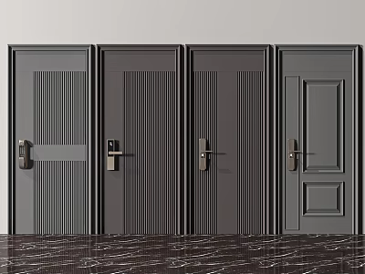 Dark Gray Security Doors With Striped Panels Square Patterns And Metal Handles 3d model