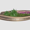Outdoor Wooden Curved Landscape Seat With Green Plants And Purple Flowers
