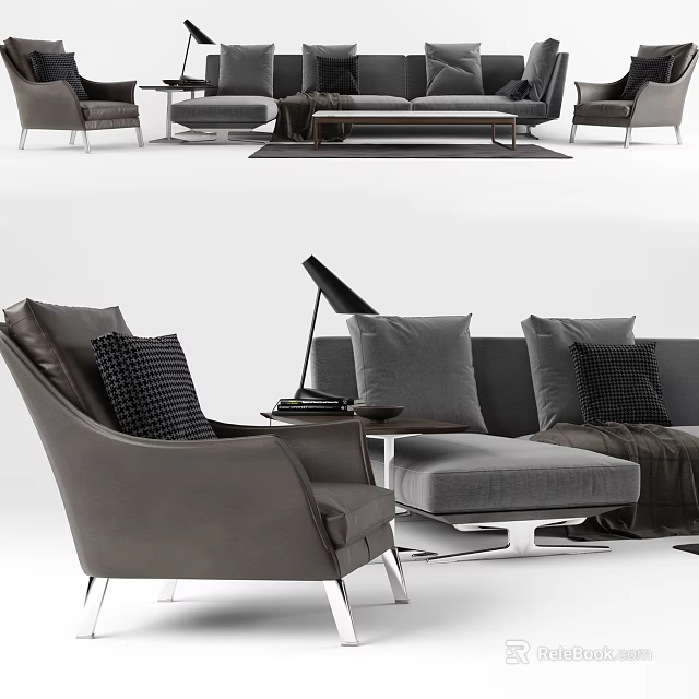 Modern Gray Sofa And Coffee Table Set With Accent Chairs Pillows And Throw Blanket 3d model 