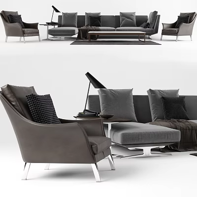 Modern Gray Sofa And Coffee Table Set With Accent Chairs Pillows And Throw Blanket 3d model