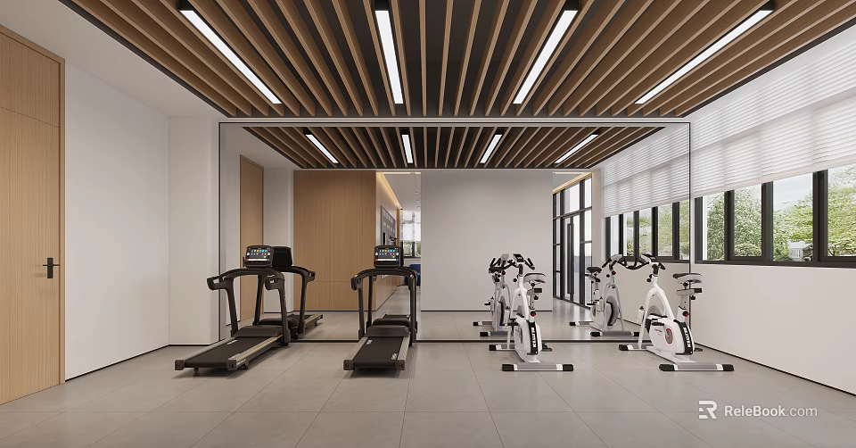 Modern Gym Interior With Treadmills Exercise Bikes And Large Windows 3d model