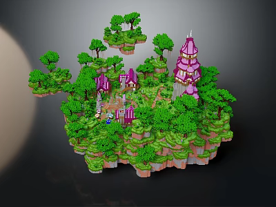 Enchanting Floating Island Landscape With Green Trees Pink Castles And Houses 3d model