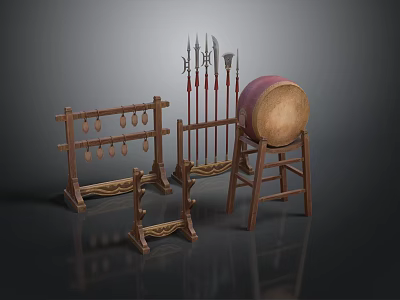 Traditional Wooden Weapon Rack With Drum Stand And Abacus Frame 3d model