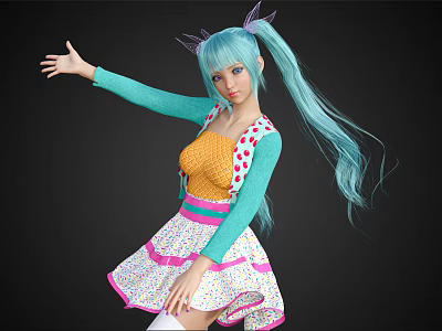 Woman With Turquoise Long Hair Pigtails Cat Ear Accessories In Colorful Outfit On Black Background 3d model