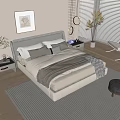 Modern Minimalist Bedroom Grey Double Bed Upholstered Headboard Bedding Pillows Blanket Nightstand Plant Chair