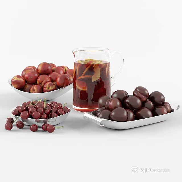 Fresh Cherries and Plums with Fruit Tea in Glass Pitcher and Bowls 3d model 