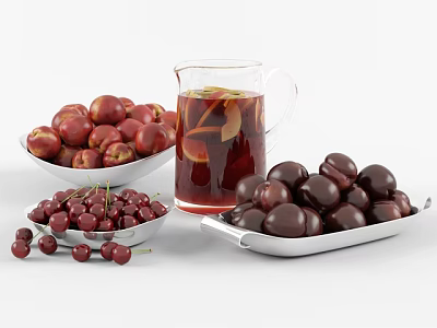 Fresh Cherries and Plums with Fruit Tea in Glass Pitcher and Bowls 3d model