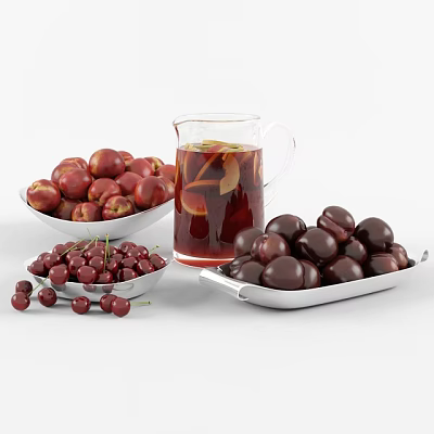 Fresh Cherries and Plums with Fruit Tea in Glass Pitcher and Bowls 3d model