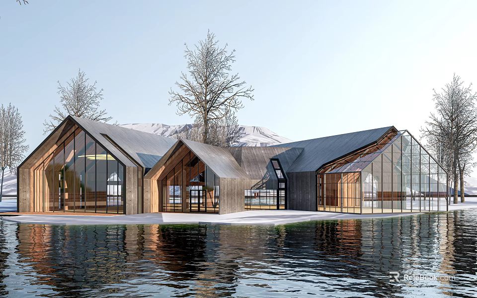 Modern Visitor Center With Glass Wooden Structure Waterfront Snowy Mountain And Trees 3d model 