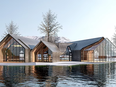 Modern Visitor Center With Glass Wooden Structure Waterfront Snowy Mountain And Trees 3d model