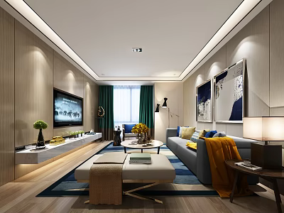 Modern Living Room Interior With Gray Sofa Coffee Table Green Floor Lamp And Decorative Paintings 3d model