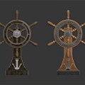 Two Decorative Wooden Ship Steering Wheels With Metal Accents On Pedestal Bases
