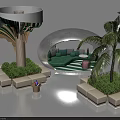 Modern Landscape Seating With Unique Curved Design And Palm Tree Greenery