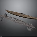 Vintage Wooden Canoe And Frame Structure For Water Transport With Stone Supports
