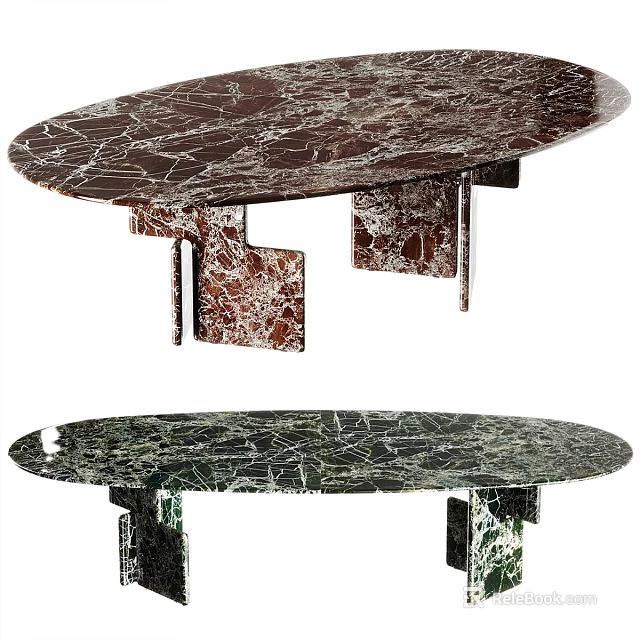 Oval Brown And Green Marble Dining Table With Unique Geometric Legs Design 3d model 
