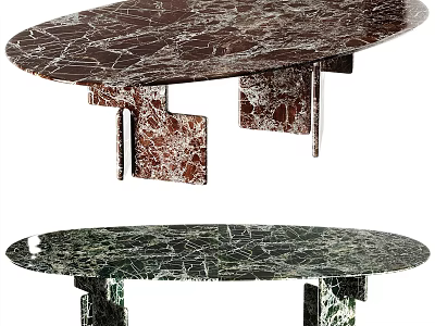 Oval Brown And Green Marble Dining Table With Unique Geometric Legs Design 3d model