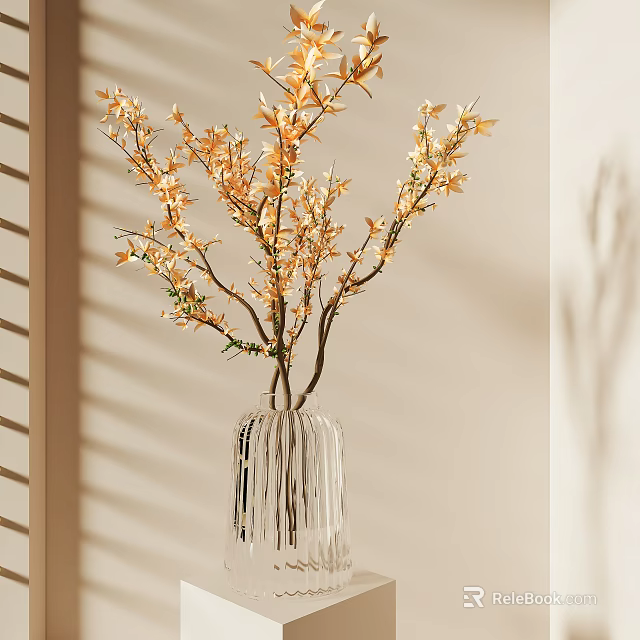 Branches with yellow flowers in transparent vase against light colored wall with blinds shadows 3d model 