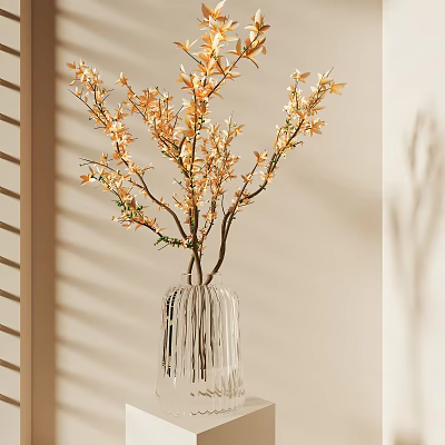 Branches with yellow flowers in transparent vase against light colored wall with blinds shadows 3d model