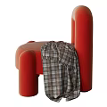 Modern Red Leather Accent Chair With Curved Arms Legs And Plaid Blanket