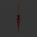 Red Elaborate Ornamental Weapon Showcasing Spiral Design and Pointed Tip Structure 3d model