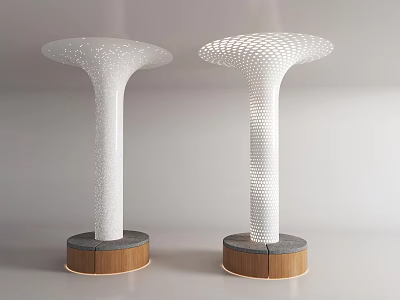 White Pillars with Circular Perforated Tops on Modern Wooden and Gray Bases 3d model