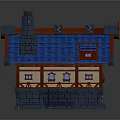 Cartoon Style House With Blue Roof Red Decorations Chimney And Stone Base