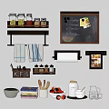 Organized Kitchen Utensils Storage with Shelves Jars Chalkboard Towels Spices Paper Towel and Cooking Tools