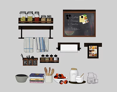 Organized Kitchen Utensils Storage with Shelves Jars Chalkboard Towels Spices Paper Towel and Cooking Tools 3d model