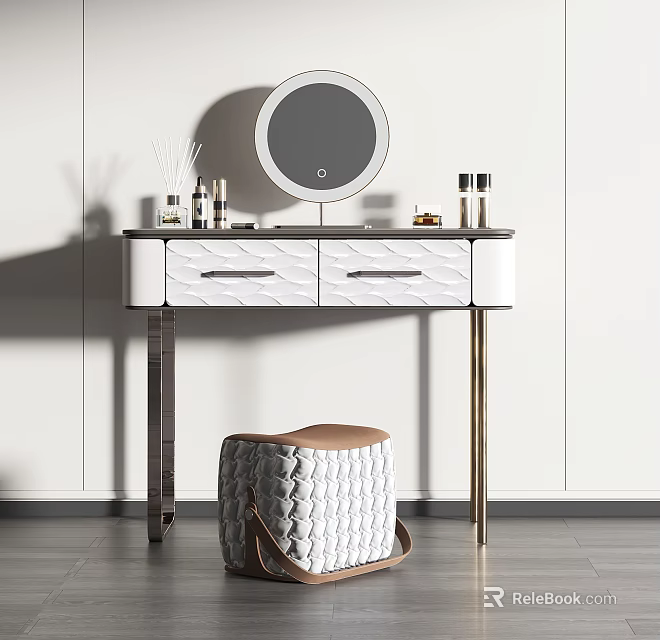 Modern Dressing Table With Round Mirror Wavy Pattern Drawers Woven Stool Brown Top Decorative Items 3d model